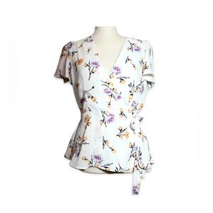 Lily White Faux Wrap Peplum Blouse Size M Off-White Floral Print